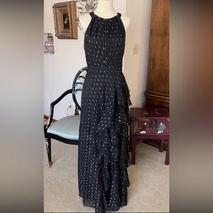 Betsy & Adam Metallic Front Ruffle Slit Halter Nevk Sleeveless Gown